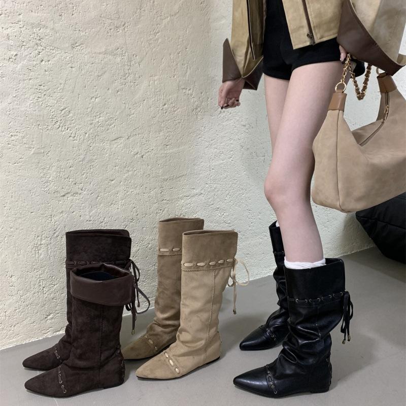 Inner Heightening Pointed Suede Pile Boots Women's Boots 2025 Autumn and Winter Western Cowboy Medium Tube Thin Boots