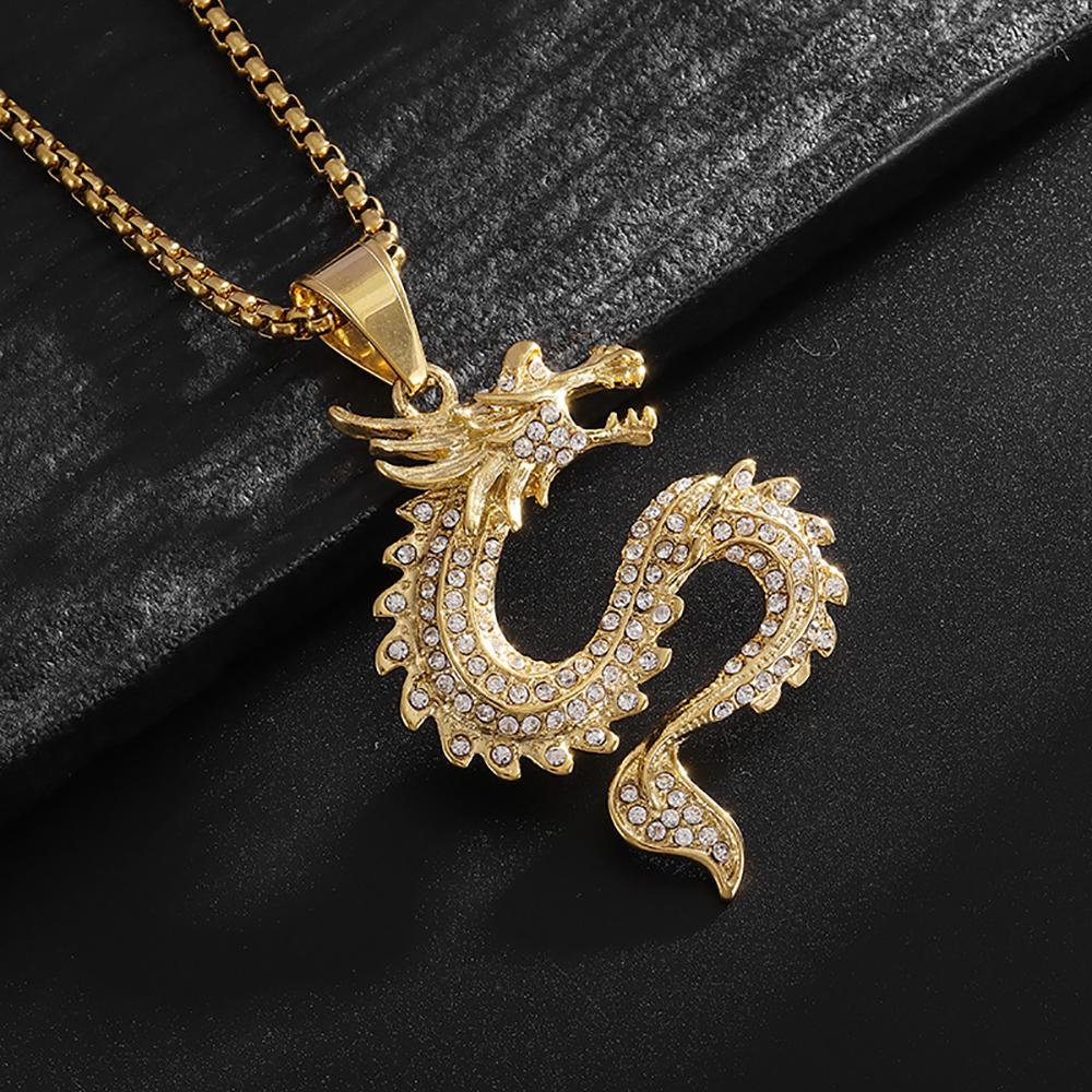 Fashion Hip Hop Bling Iced Out Dragon Round Pendant Necklace for Men Women Stainless Steel Rapper Jewelry Oriental Amulet Gift