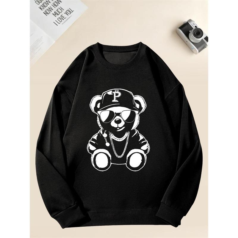 Men's Casual Crewneck Sweatshirt with Fashion Glasses-Wearing Bear Graphic