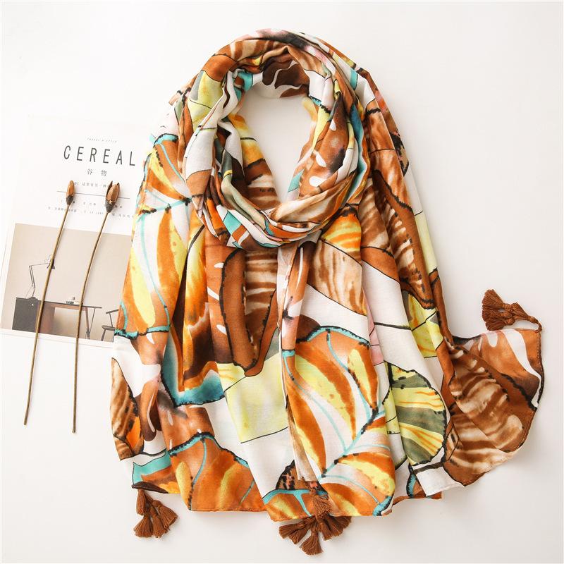 Beige Coffee Scarf Luxury Thin Womens Scarves Spring Floral Hijab Veils Soft Cotton Shawl Wrap Tassel Viscose Muslim Woman Hijab