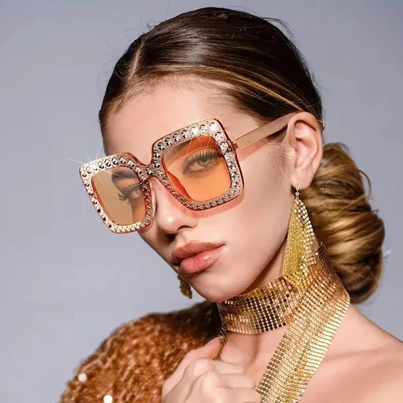 Latest Diamond Plated Large Sunglasses Female Vintage Square Colorful Ocean Sunglasses Personalized Outdoor UV400 Sunscreen Eyewear