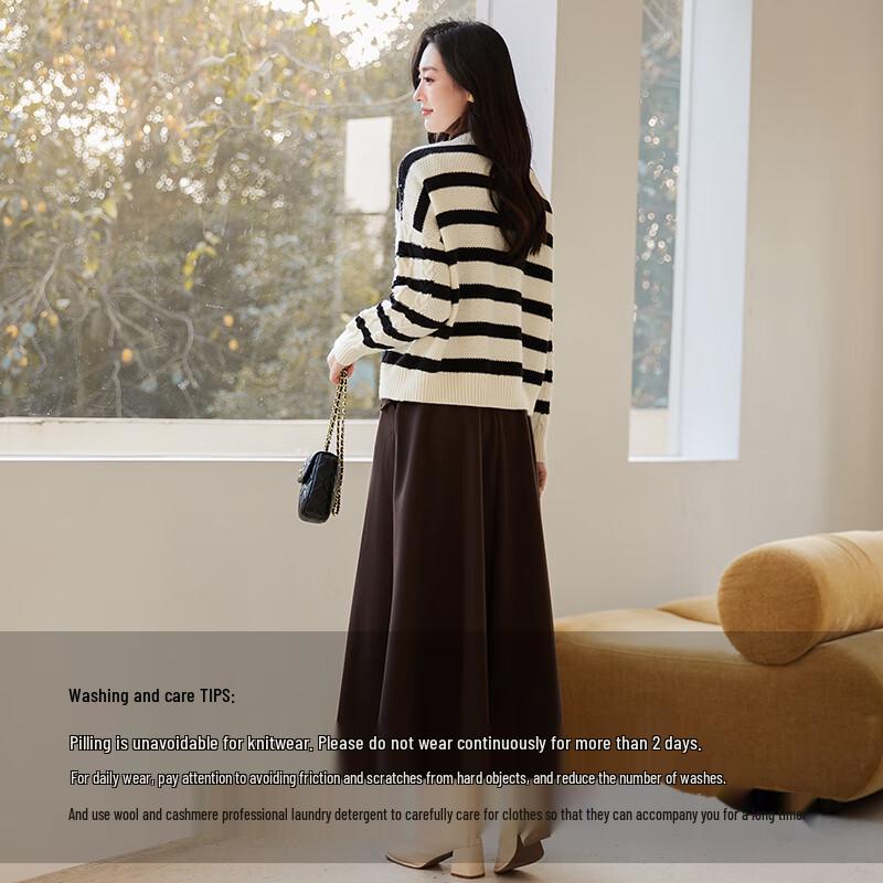 VICTORIA&VERA Women's Black & White Striped Soft Knit Cardigan