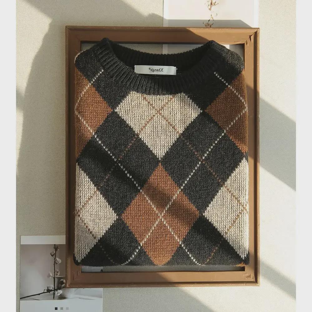 2024 Britischer Retro Kontrast Diamant Karo Wollpullover - Damen Herbst/Winter Kollektion