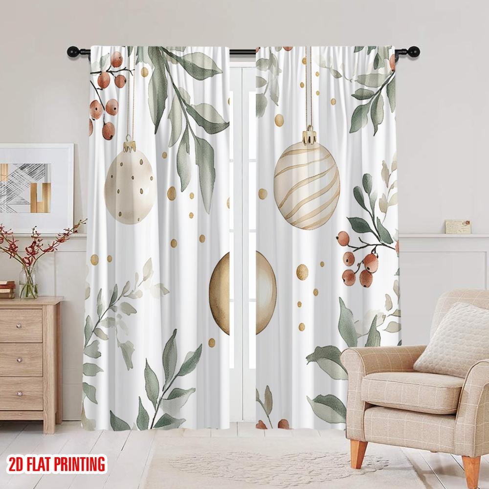 2pcs,2D Plane Printing Curtains Christmas Ornaments Holly Berries (3) 100% Polyester (without Rod) Outdoor Decorations for