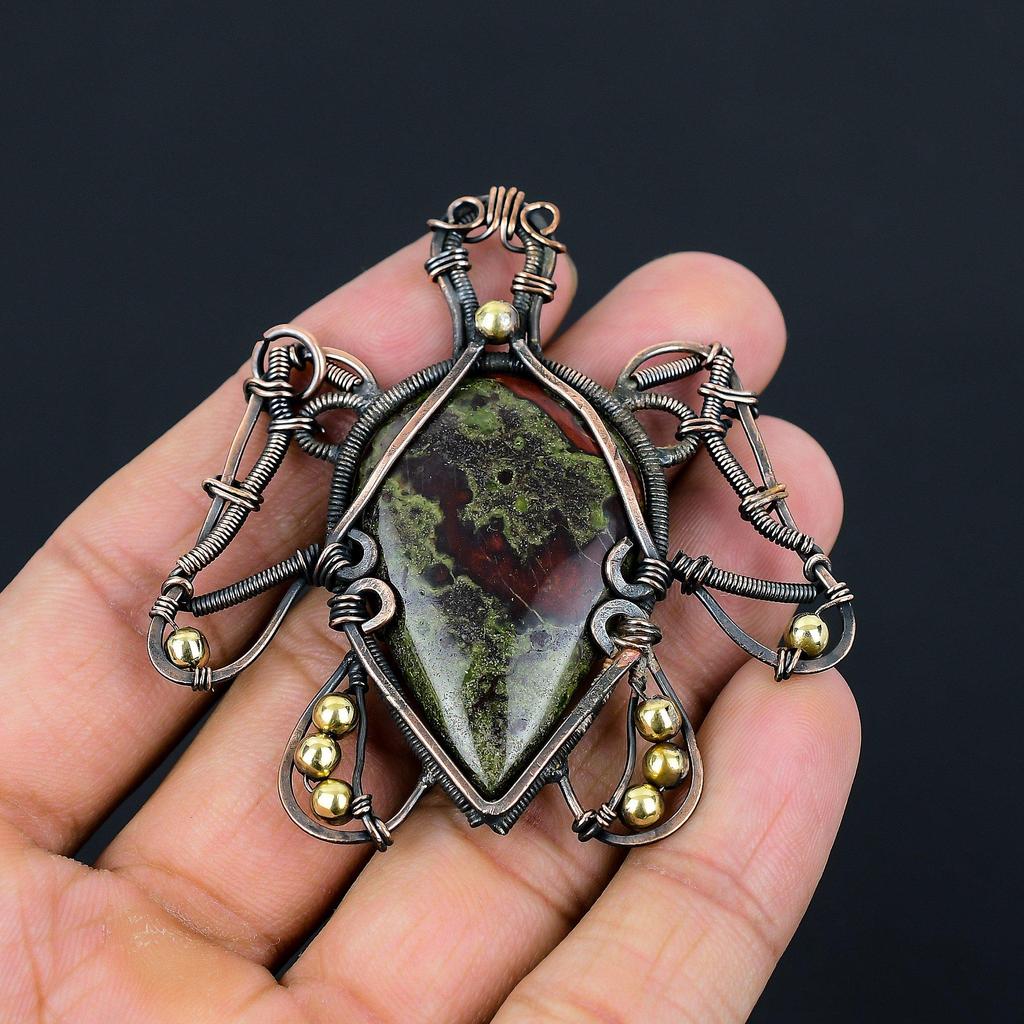 Turtle Shaped Dragon Blood Jasper Gemstone Copper Wire Wrap Handmade Pendant Jewelry