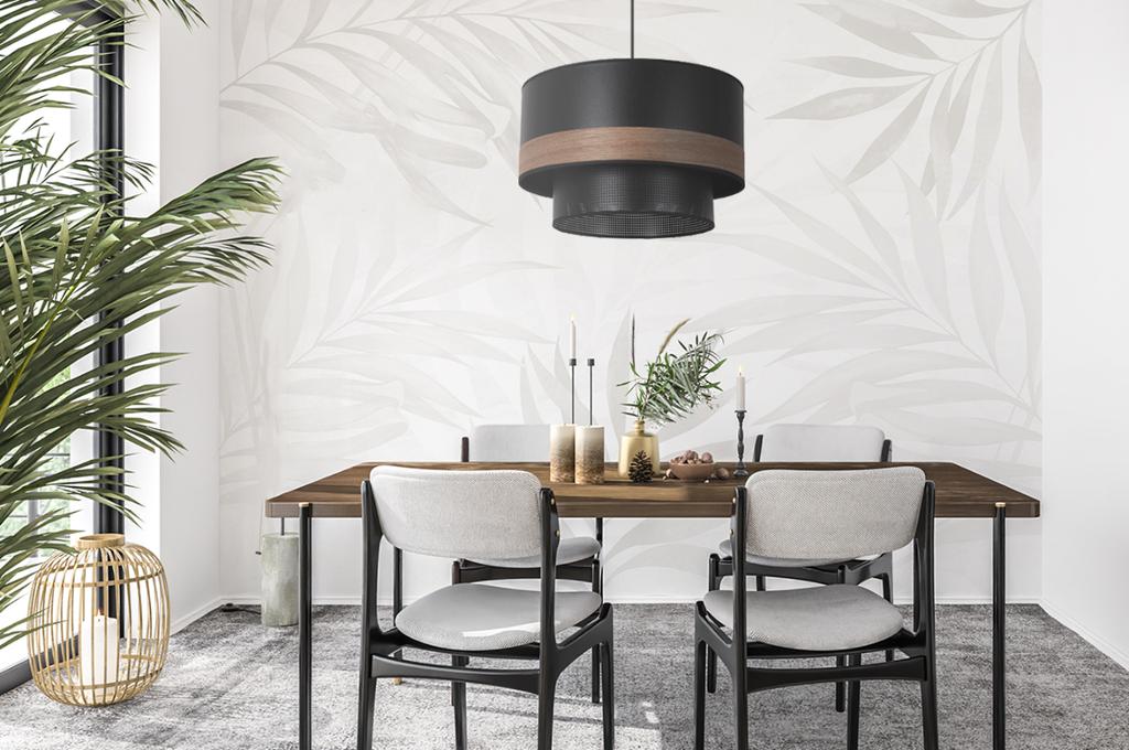 Wood Duo Black Hanging Lamp, 1-Flat Mesh Lampshade, Walnut Veneer