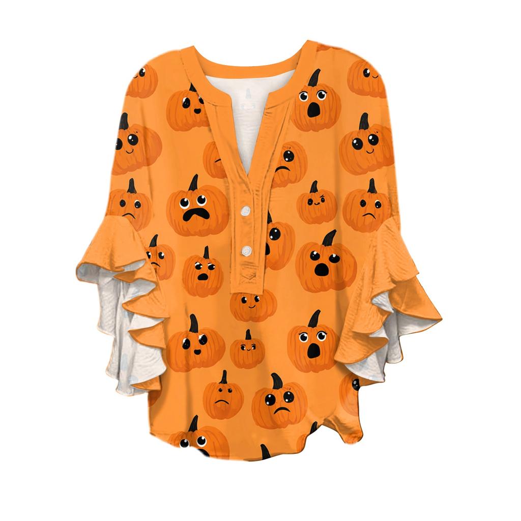Women's V-neck Seven Quarter Sleeved Shirt Halloween Printed Top Casual Shirt