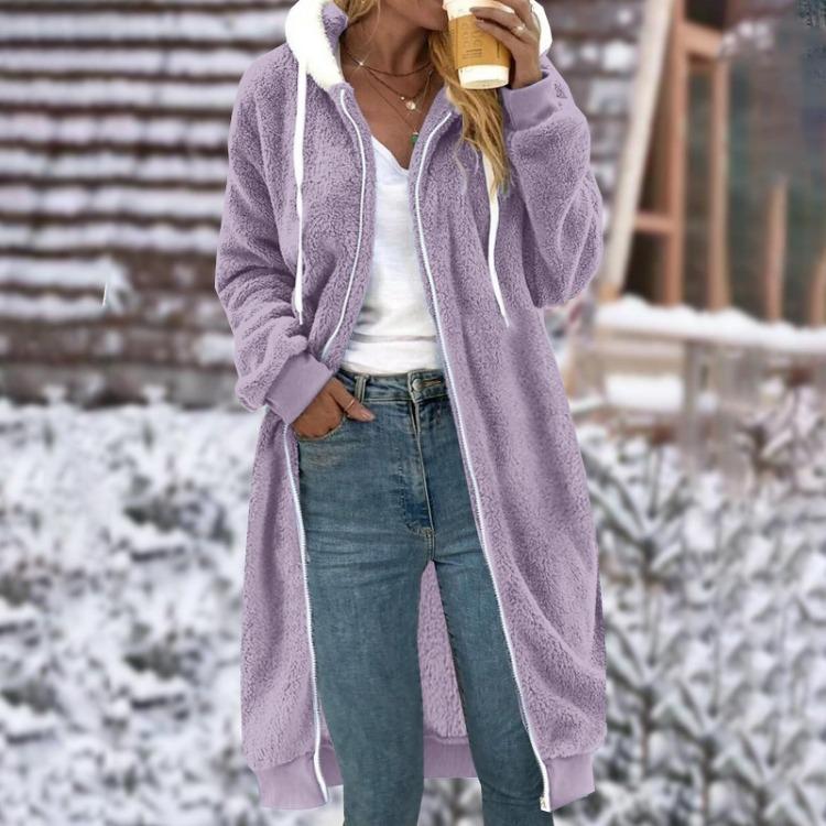 Doppelseitiger Plüsch-Kapuzenmantel für Damen Mittellang Einfarbig mit Taschen