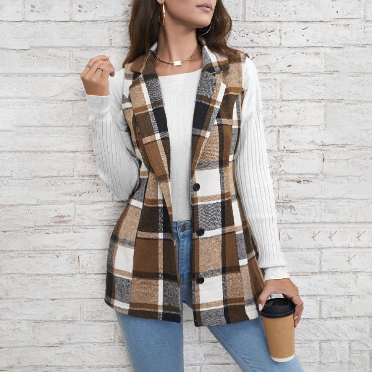 Women Checked Vest Sleeveless Single Breasted Cardigan Turn Down Collar Sizes S-XL Spring Autumn
