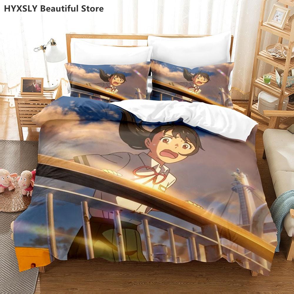 Suzume No Tojimari Bedding Set 3D Anime Polyester Quilt Cover Pillowcases Queen King For Kids Gift Cute Anime Duvet Cover Sets