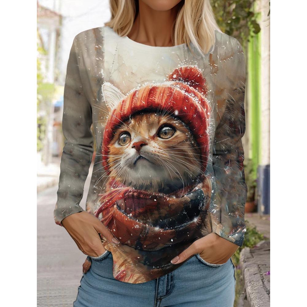 Round Neck Long Sleeved Fashionable Casual Cute Cat Animal Pattern Printed Top