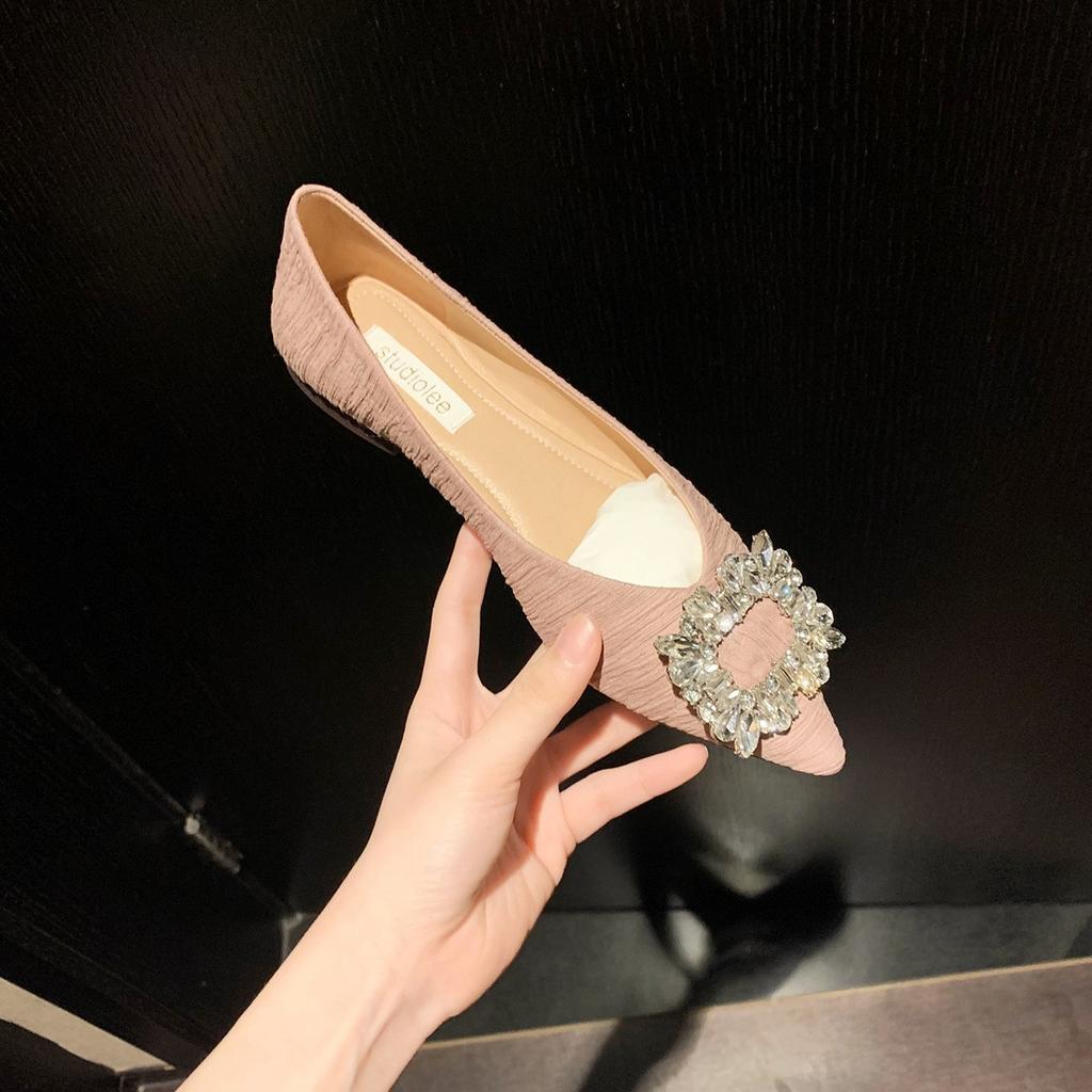 2025 Spring New Small Fragrant Wind French Flash Diamond Pointed Head Light Mouth Fairy Flat Sole Shoes Female 4 Colors