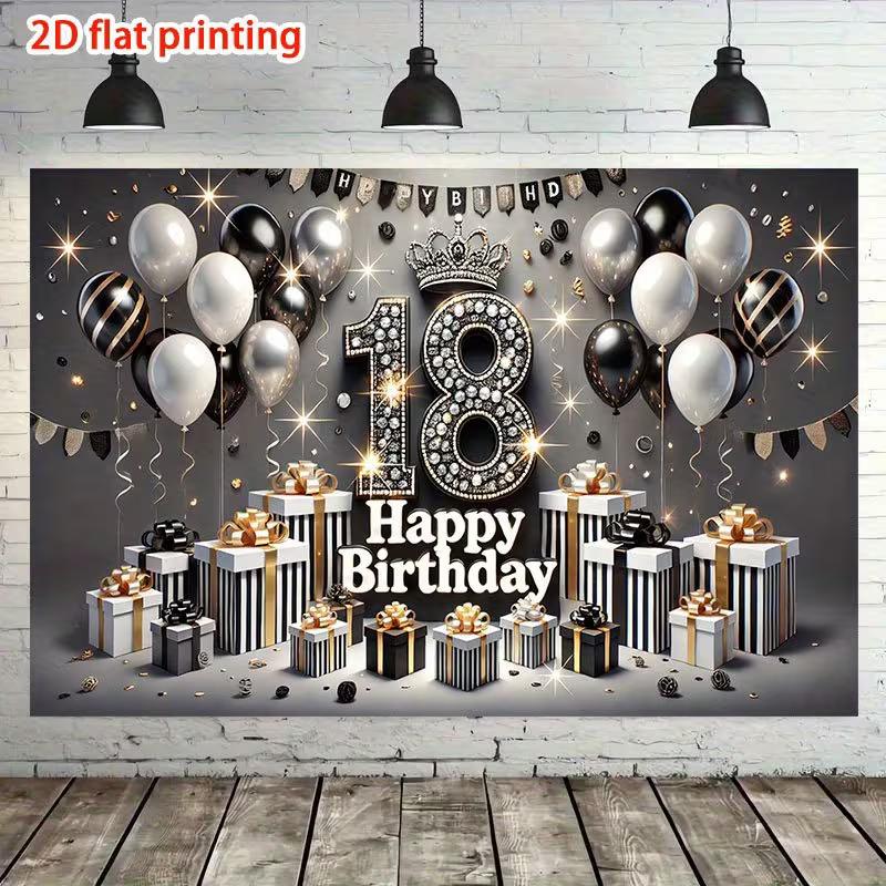 2D Elegant 18th Birthday Backdrop "Happy Birthday" with Diamond Number 18 Party Background