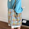 Japanese Style Plaid Canvas Tote Bag Leisure Lattice Handbag Double Sided Shoulder Bag  Student