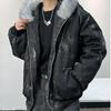 Y2K Winter Men's American Heavyweight Thick Fur Collar Hooded Structured Cotton Jacket Coat Ink-dyed Windproof Workwear