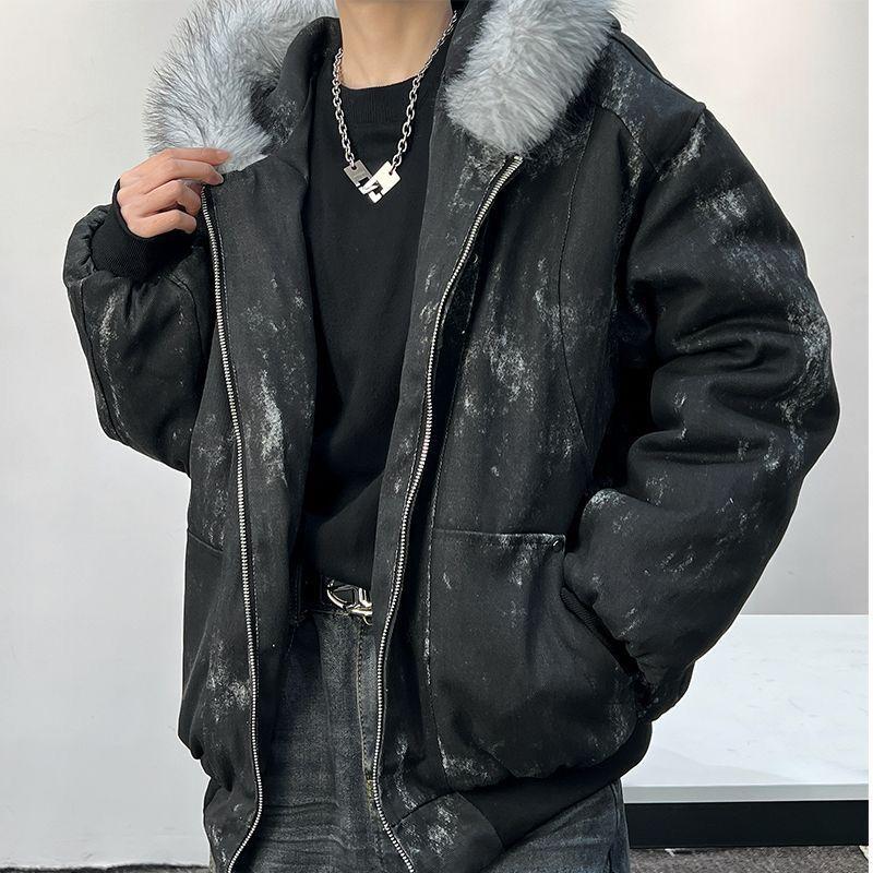 Y2K Winter Men's American Heavyweight Thick Fur Collar Hooded Structured Cotton Jacket Coat Ink-dyed Windproof Workwear