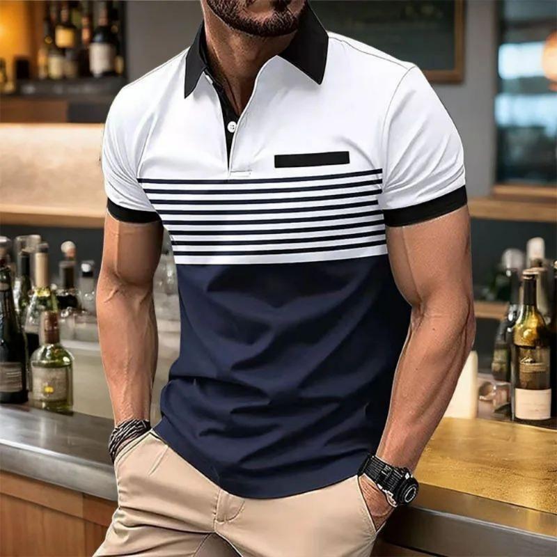 European and American Men's Summer Fashion Simple Striped Breathable Polo Short Sleeved T-Shirt Outdoor Casual