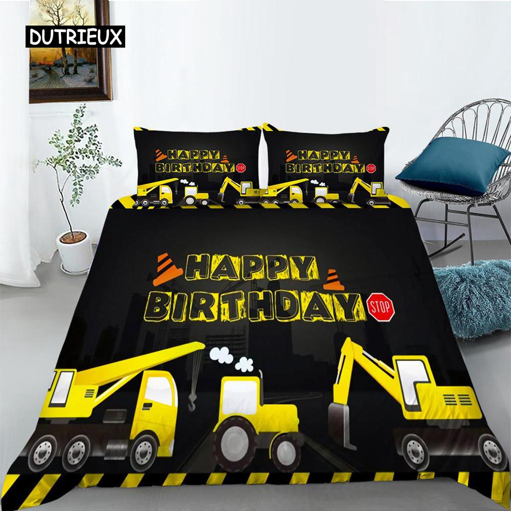 Baufahrzeug Bettbezug Mikrofaser Cartoon Baufahrzeug Druck Bettwäscheset Geschenk Alles Gute zum Geburtstag Muster Steppdeckenbezug