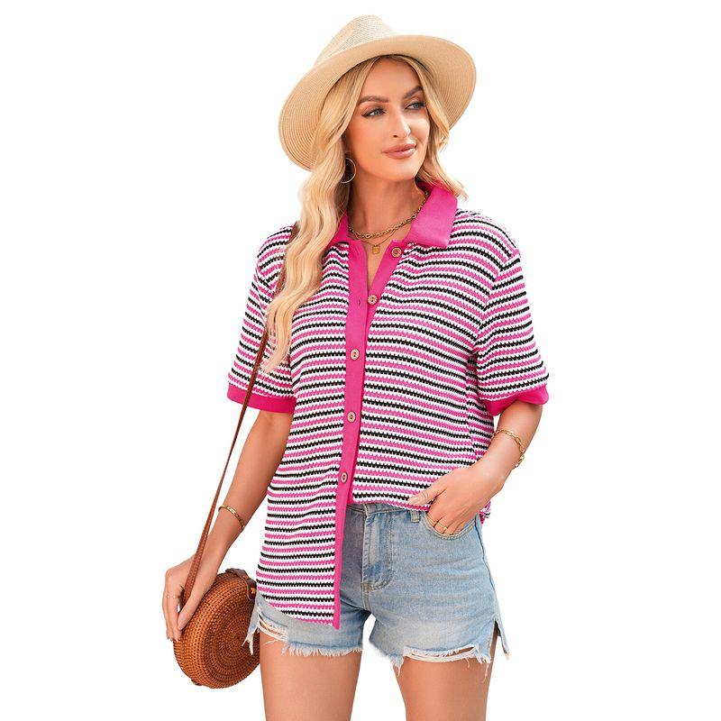 

American Shiying Stripe Patchwork Lapel Short sleeve Shirts Women 2025 Summer New All-Match Single-Breasted Shirt