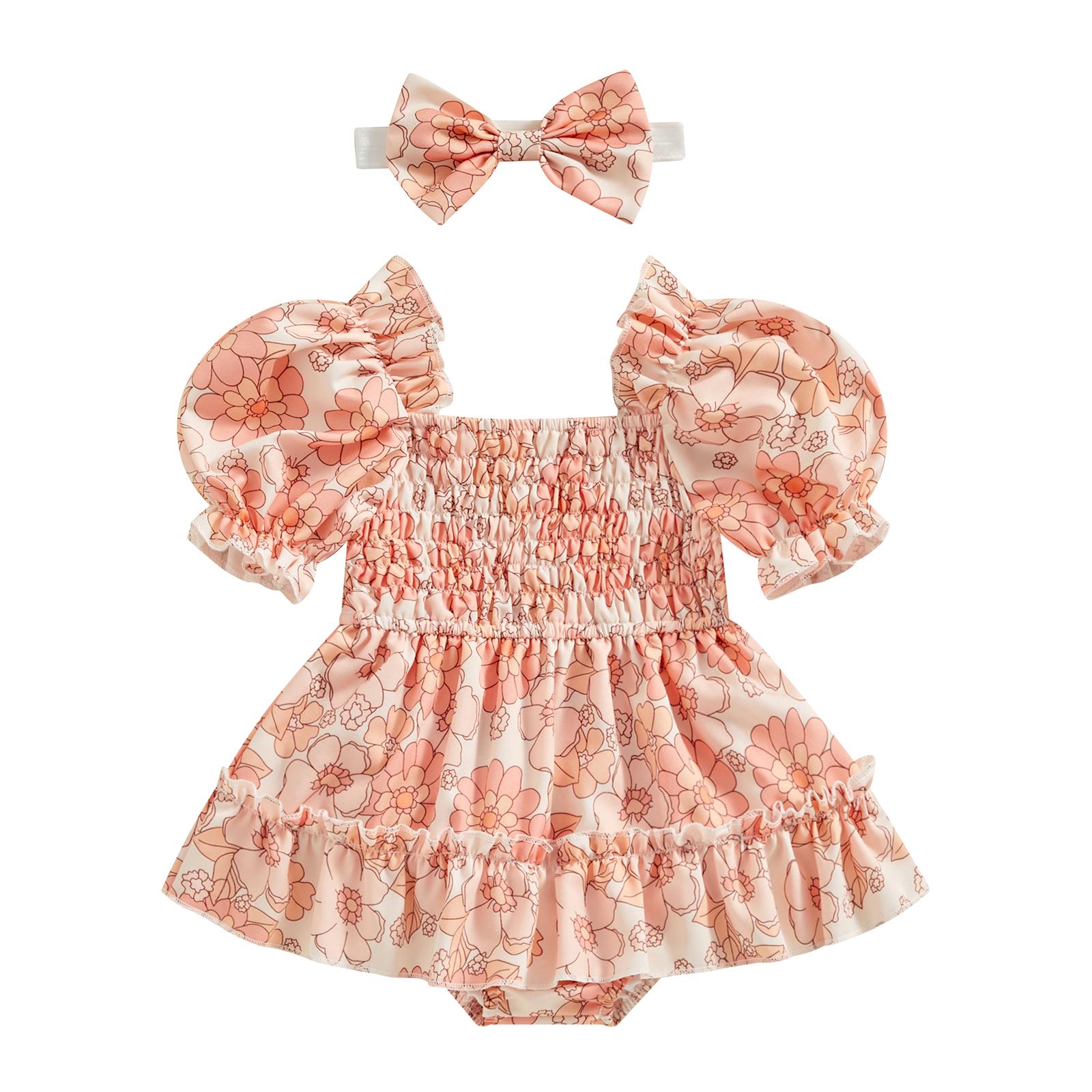 

Комплект из 2 предметов для девочек с принтом фруктов/цветов, с короткими рукавами, присборенный комбинезон с милой повязкой на голову, летняя одежда 3-6 Months розовый