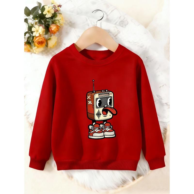 Unisex Kids Crewneck Sweatshirt, Vintage Cartoon Radio Robot Sneaker Print Long Sleeve Pullover, Boys Girls Sweatshirt For Kids Over 4 Years Old