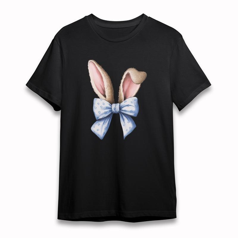 

Women s Plus Size Fashion Classic T-Shirt Floral Bunny Ears Blue Bow Design Tee L