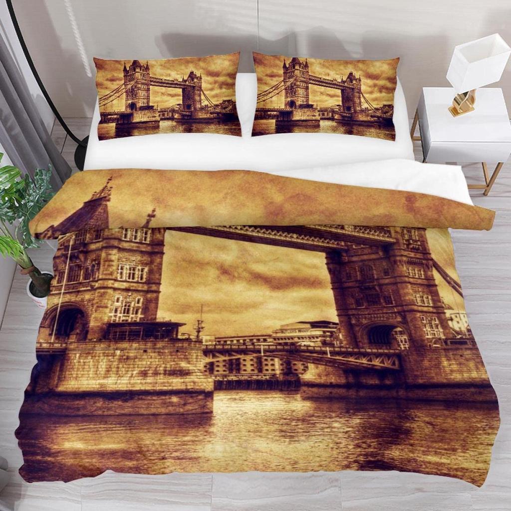 London Duvet Cover Set Queen Size Telephone Booth Big Ben Bus Print Bedding Set 3pcs,Modern City Quilt Cover with 2 Pillowcases