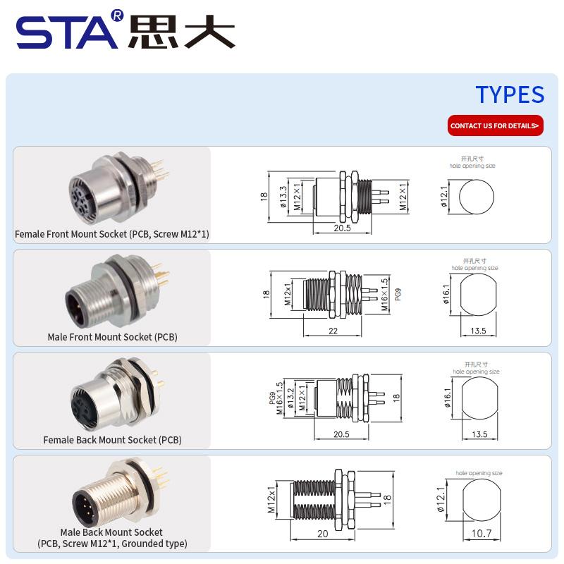 IP67 Straight M12 Connector Male Female a B C D Code 2 3 4 5 6 8 12 17Pin Front Mount M12 PCB Socket