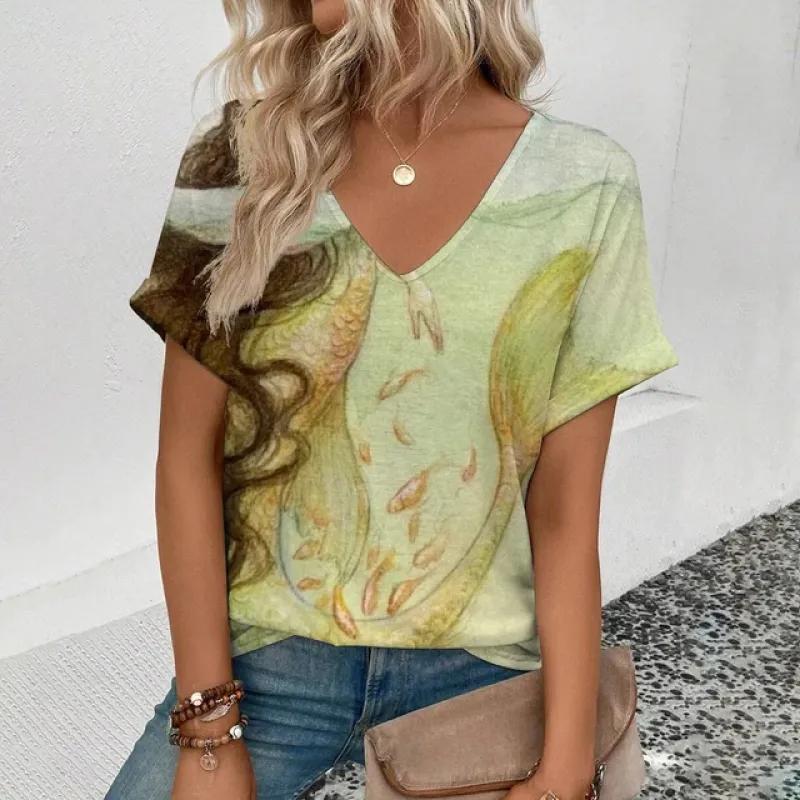 

Лето 2024, удобная футболка для отдыха, женская элегантная футболка с v-образным вырезом, модная футболка с короткими рукавами и принтом в форме сердца 6XL