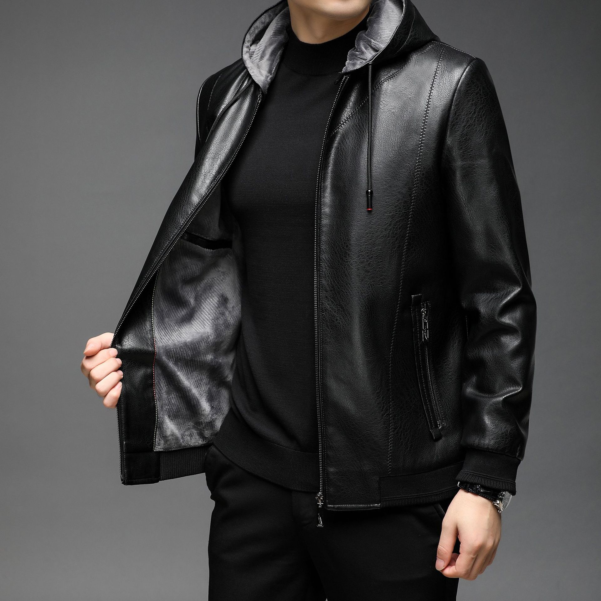 Кожаная куртка мужская средняя и длинная флисовая утолщенная съемная шапка кожаная куртка куртка меховая интегрированная кожаная куртка мужская куртка 170