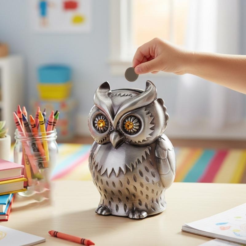Eulenform Spardosen Dekorative Metall Münzaufbewahrung Organizer Glas mit leicht zugänglicher Basis Kindersicherheit Abgerundetes Design