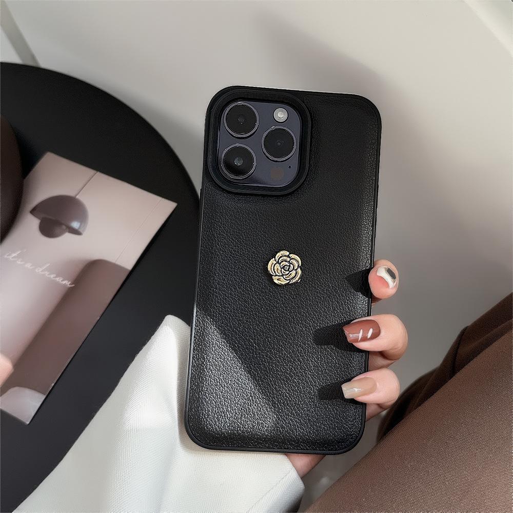 Light Luxury Camellia for Apple 16 Mobile Phone Case for IPhone17promax Solid Color Lychee Pattern 11 Autumn and Winter