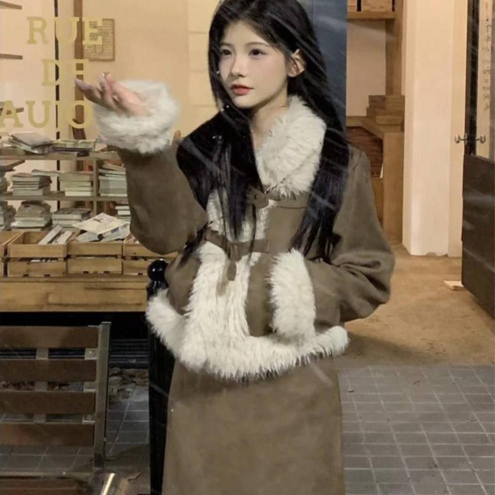 Winter Pink Warm Jacket Suits Korean Fashion Faux Fur 2 Piece Skirt Set Women Casual Y2k Blazers Coats + Mini Skirts Chic