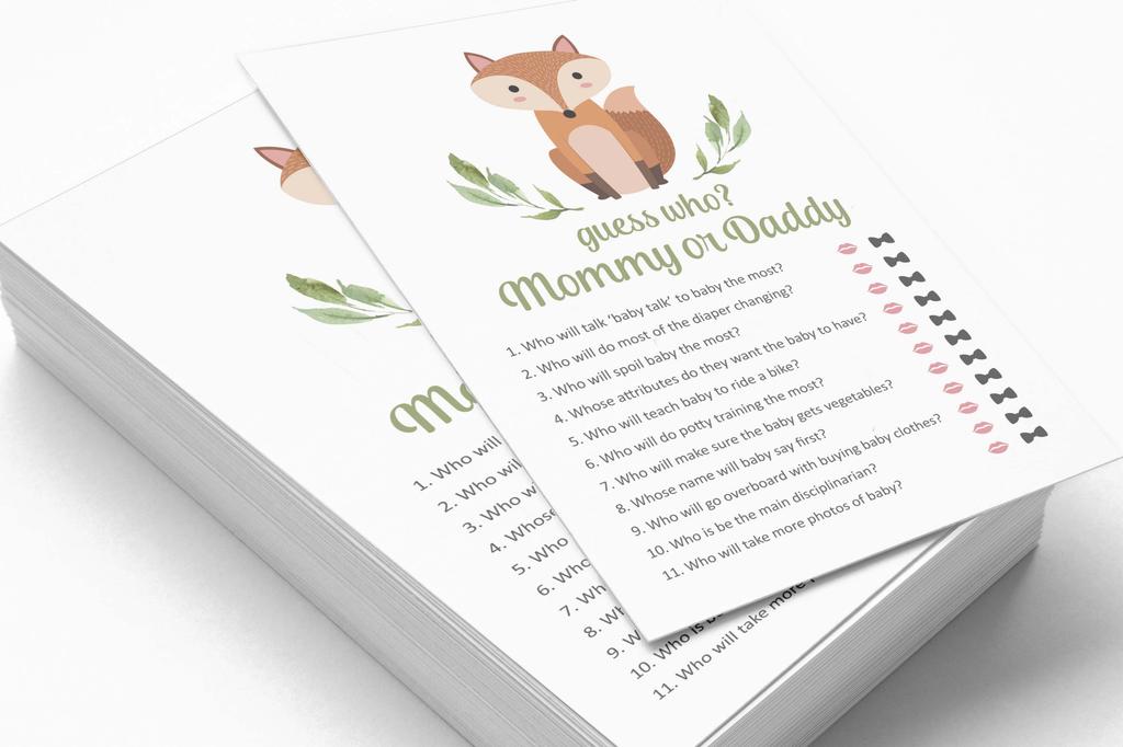 Inkdotpot Who Said it Game Mommy Or Daddy 50 Sheet Fun Baby Shower Game Gender Neutral Fox Animal Party Supply