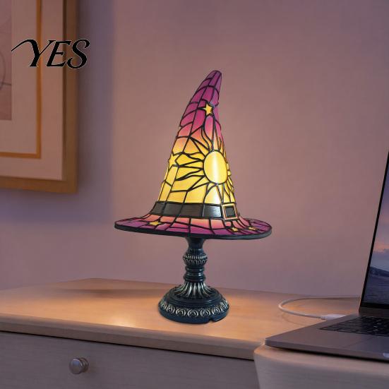 Halloween Nightstand Lamp Stained Glass Witch Hat Lamp, USB Powered Night Light for Bedroom Shelf Cozy Lighting Decor, Warm Glow Gothic Table