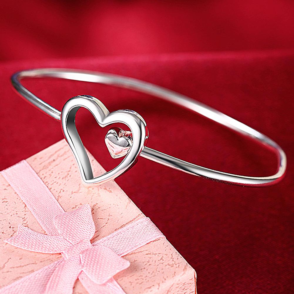 Wholesale Fine 925 Sterling Silver Bangles Bracelet Charms Heart Open for Women Lady Jewelry Adjustment Cuff Wedding Gift
