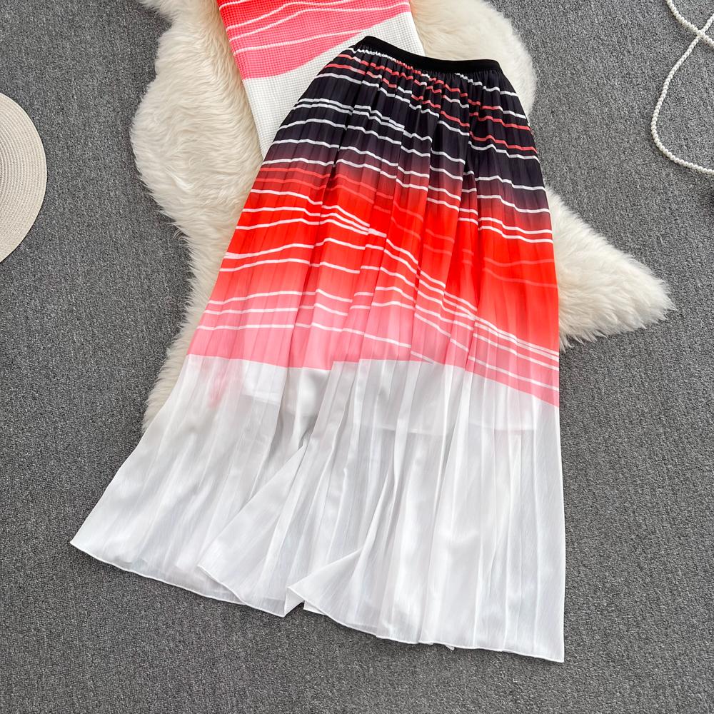 Women's Stand Collar Short Sleeve Striped Gradient High Waist Short Top Two Piece High Waist Pleated Skirt