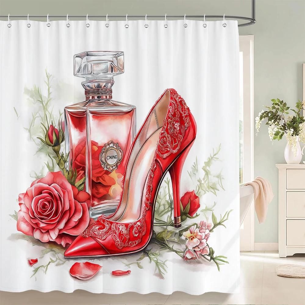 Modern and Fashionable Perfume and Flower Style Shower Curtain Bathroom Bath Curtain Home Decoration Curtain With Hooks