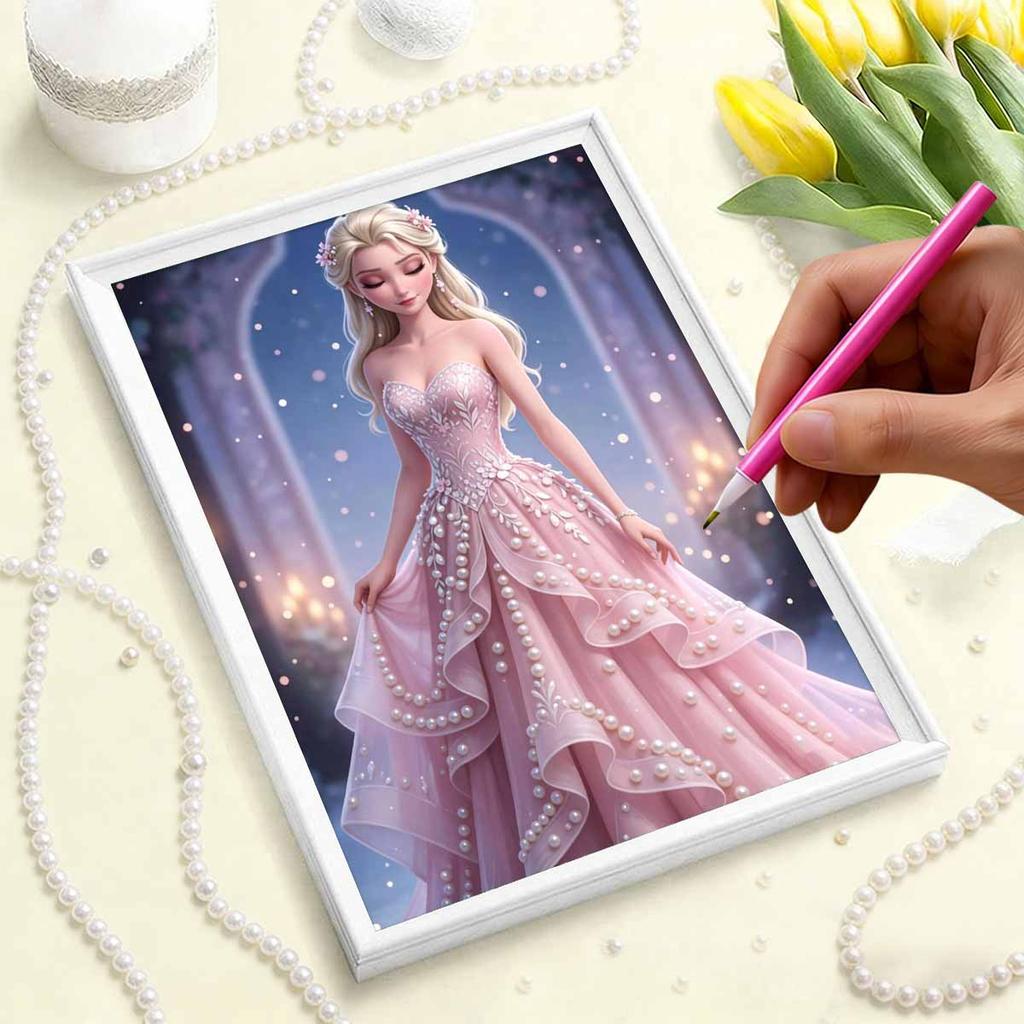 Pink Gown Starry Elsa New Pearl-Inlaid Frameless Art | Handmade Pearl Craft, Starry Arch & Candlelight Theme, for Romantic Luxury Decor