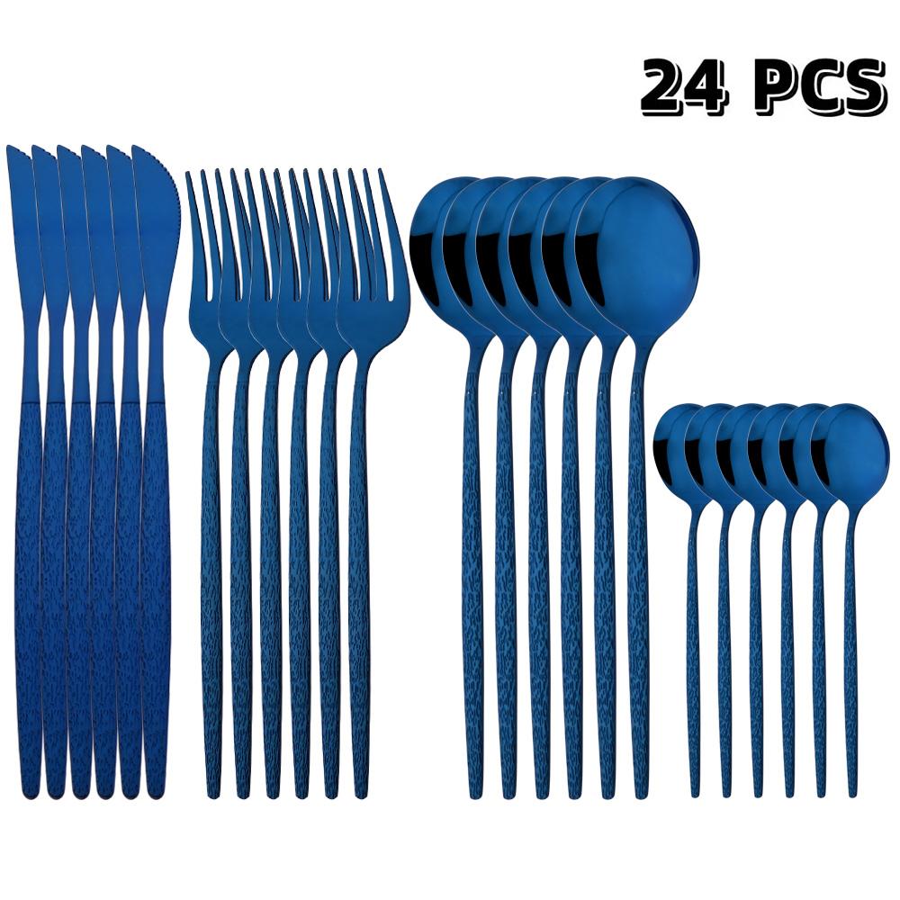 24Pcs Black Western Dinnerware Set Stainless Steel Cutlery Set Fork Steak Knife Spoon Tableware Set Flatware Silverware Set