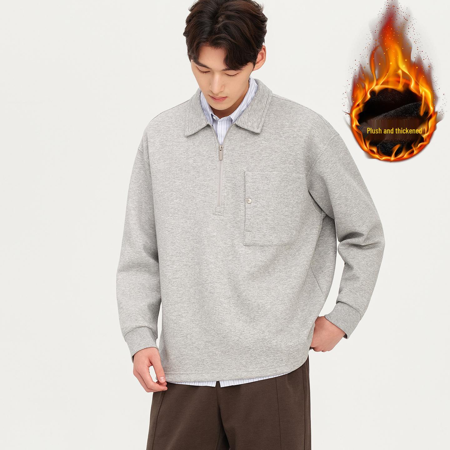

Men s Grey Half-Zip Fleece-Lined Sweatshirt, 2025 Autumn, Slightly Loose Polo Collar Casual Top XL