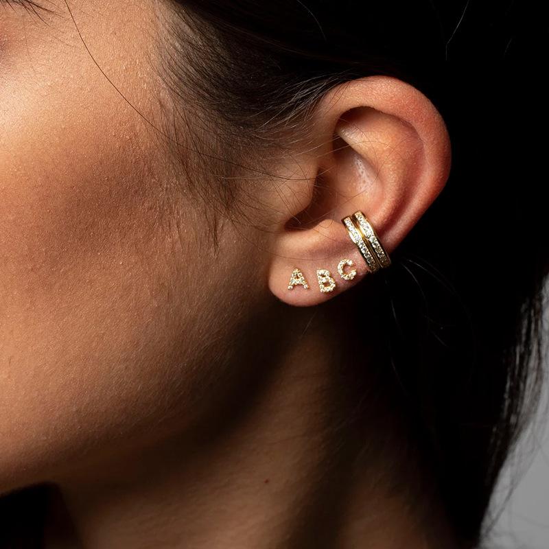 CARLIDANA A-Z Alphabet Initial 26 Letter Stainless Steel Gold Plated Cubic Zircon Paved Fashion Jewelry CZ Stone Stud Earring