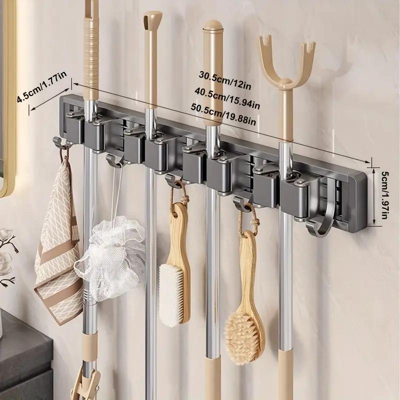 Bathroom Storage Rack Metal Mop & Broom Holder with Adjustable Hooks, Wall-Mounted Storage Organizer for Home, Space-Saving Shelf for Mops, Brooms