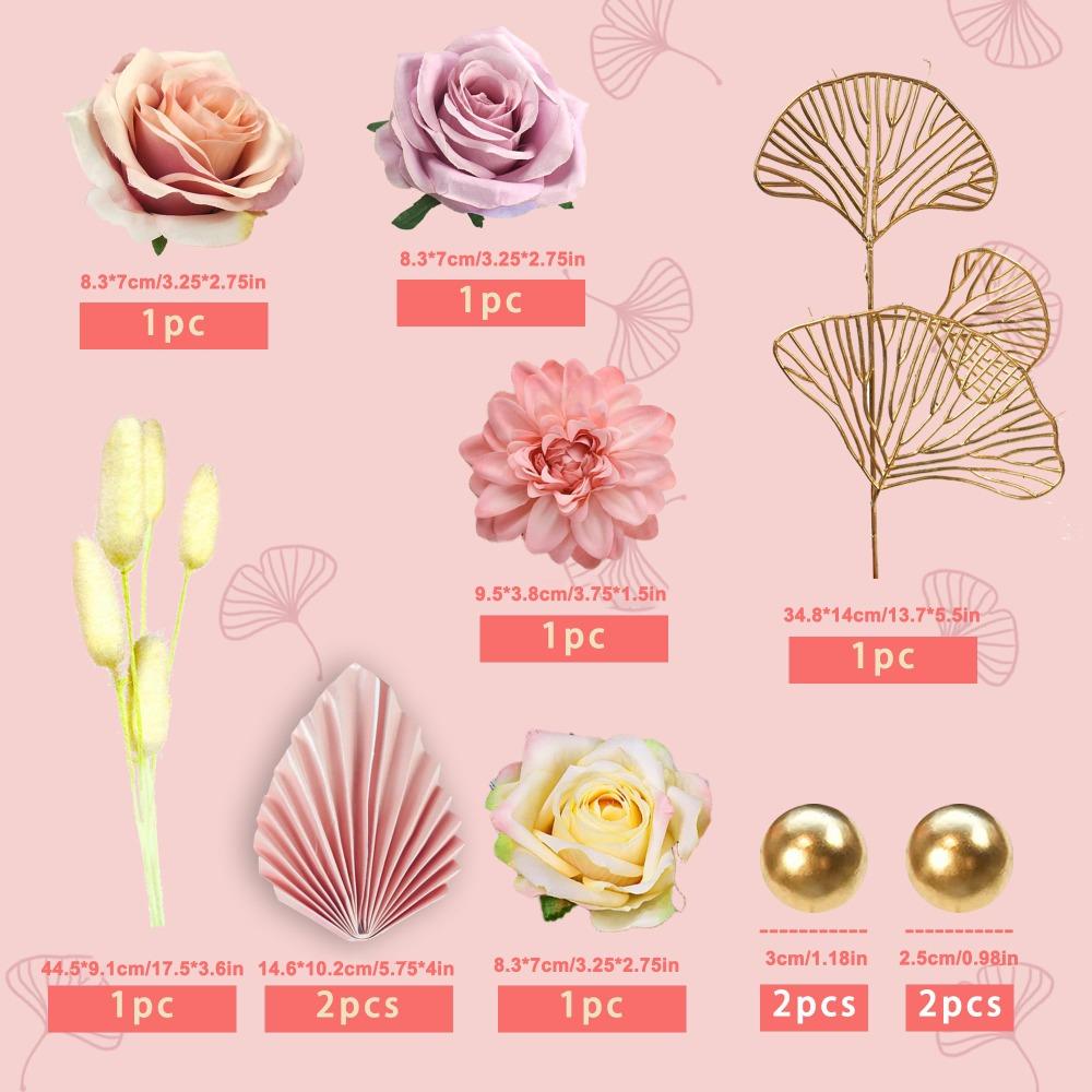 12 Stück Boho Kuchenaufsatz Blume Kuchenaufsatz Rosa Palmenblätter Kuchen Dekorationen mit Künstlicher Rose Ginkgo Blättern und Kugeln