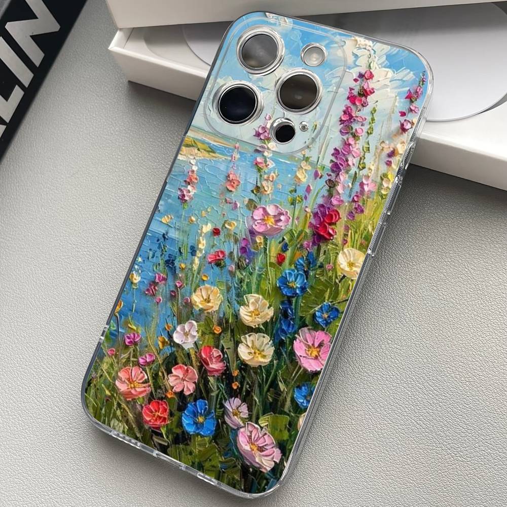 Oil Painting Of Flowers Transparent Phone Case For iPhone 17 16 15 11 12 13 14 Pro Max Mini Soft TPU Silicone Plus