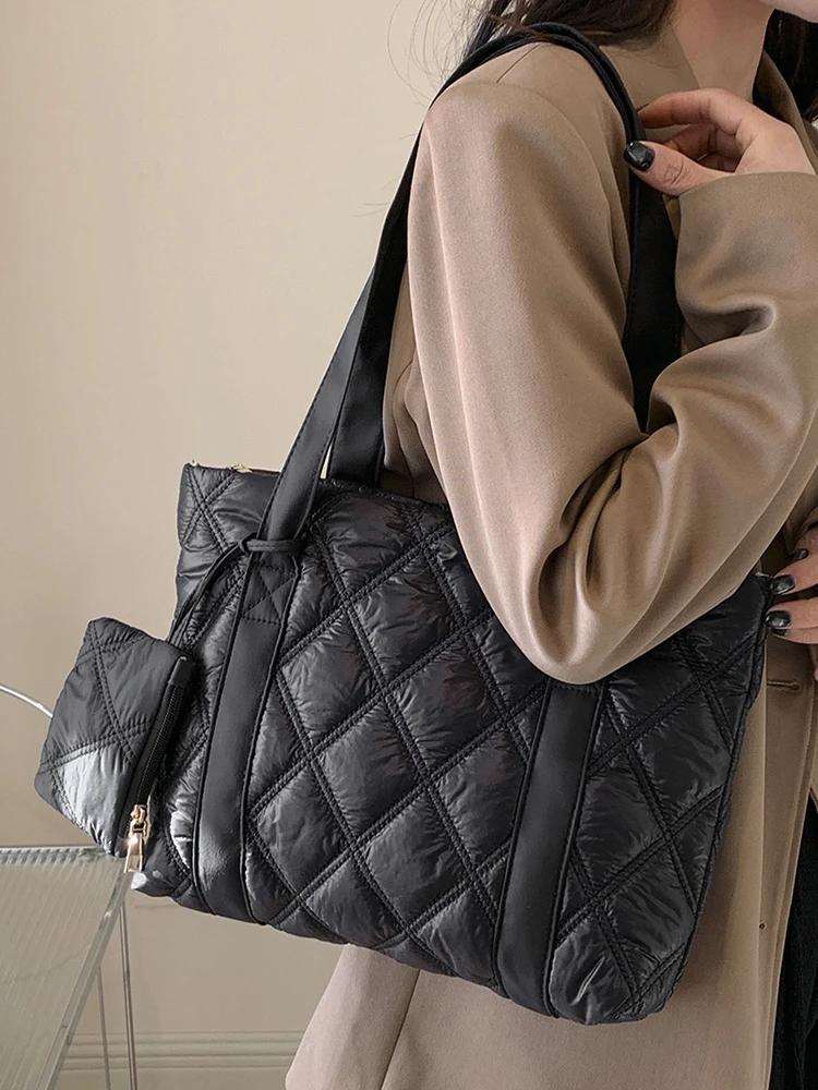 Diamond Lattice Women's Shoulder Bag Large Capacity Ladies Tote Bags Soft Cloth Female Portable Underarm Bag Commute Handbags