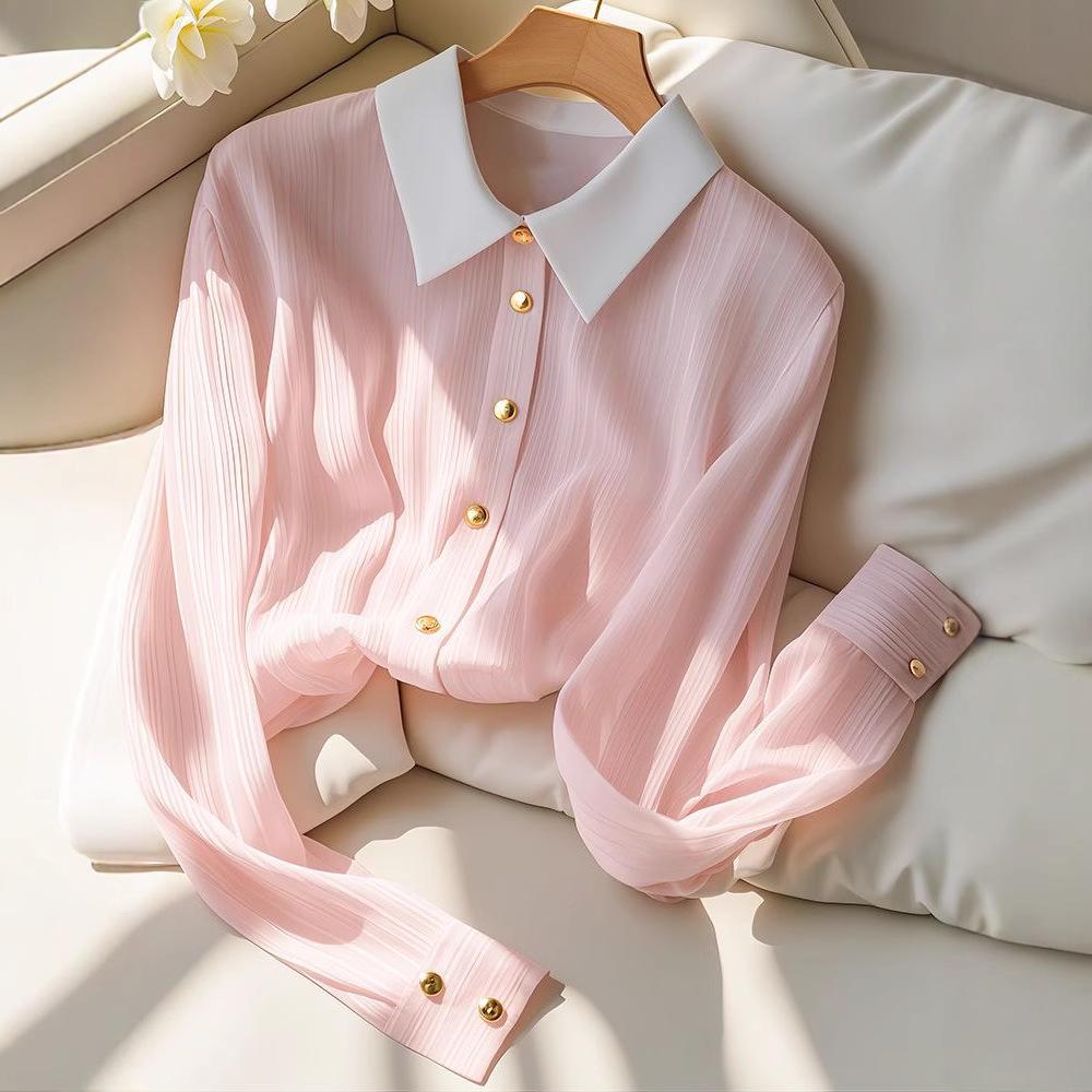 2025 Women's Versatile Slimming Long-Sleeve Pink Blouse - High-End, Breathable, and Fashionable
