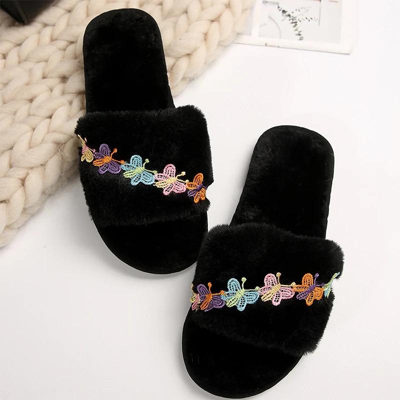 Fashion Embroidery Buttery Fur Slippers for Women Black Faux Fur Cotton Slippers Woman Winter 2025 Indoor Slip On Flat Heel Slides Mujer