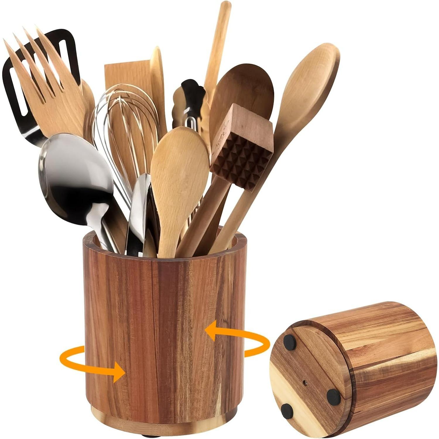 Acacia Wooden Utensil Holder,360° Rotating,Large Countertop Organizer,Farmhouse Utensil Crocks Organiser Cutlery Caddy,Cooking Tools Storage W