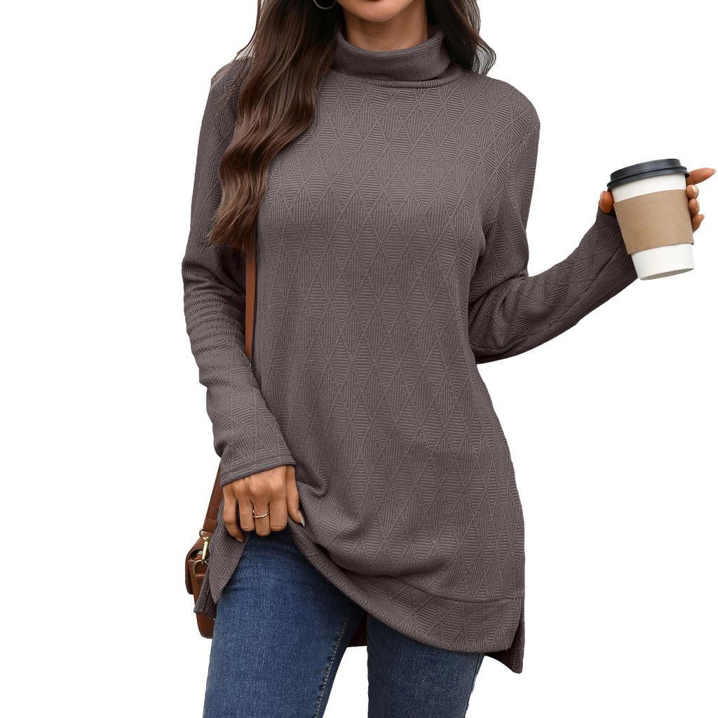 New Solid-color High-neck Loose Long-sleeved Slit T-shirt Top for Women In Autumn and Winter